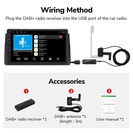 Eonon DAB/DAB+ digitaalraadio adapter, vastuvõtja, USB-adapter Android 13/14 autoraadiole, GPS-ile, 4G LTE, ühildub BMW E46A13/E46X6S/E46X7/E90A13/VWA12S/VWA13/VWX6S/VWX7/UA13/UA13SK-Plus/UX6K-ga