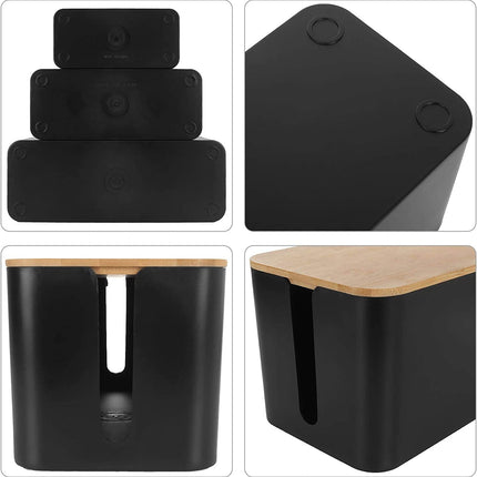 ASelected set of 3 cable boxes black, large cable organizer box with wooden lid for cables, large and small cable management box adapters, power strips, cable hiding box