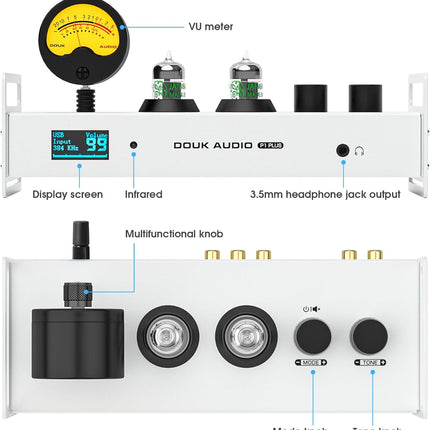 Douk Audio 2-kanaliga Bluetooth vaakumtoruga eelvõimendi, Hi-Fi kõrvaklapivõimendi, USB DAC arvuti helikaart, traadita vastuvõtja heli eelvõimendi VU-mõõturiga, optiline, koaksiaalne, APTX, LDAC, DSD256, kaugjuhtimispult