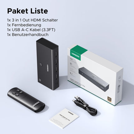 UGREEN HDMI-lüliti 3 sisse 1 väljund 4K@60Hz, HDMI-jaotur puldiga, toetab HDR10+ CEC HDCP2.2, ühildub lülitiga PS5/4/3 Xbox Blu-ray-mängijaga