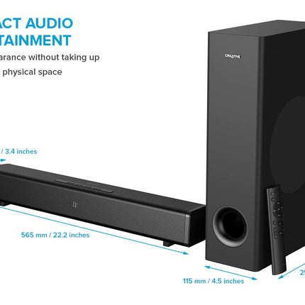 Creative Stage 360 ​​​​2.1 heliriba subwooferiga teleri, arvuti ja lauaarvuti jaoks, millel on Dolby Atmos, ruumiline heli, HDMI ARC/2.0, Bluetooth, optiline sisend ja IR-kaugjuhtimispult.