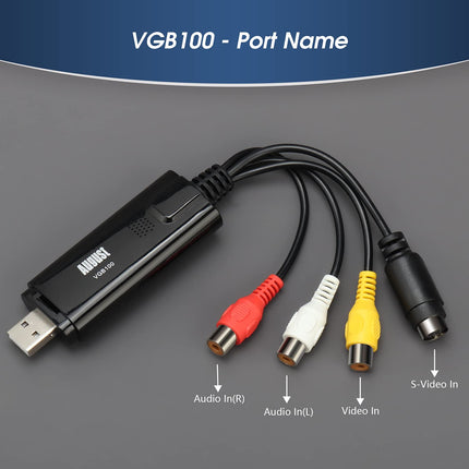 USB 2.0 Audio Video Grabber Converter - August VGB100 - Scart, S-Video, Composite - VHS Hi8 cassette camcorder digitize to DVD transfer video adapter SECAM PAL - for Windows 11/10/8/7/Vista/XP
