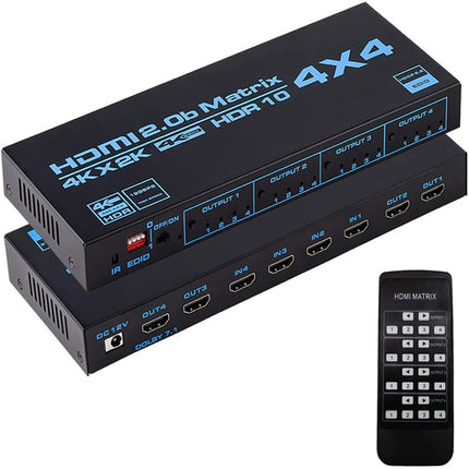 Maatriksi valik, 4 x 4, Matrix 4K, HDMI, 4 sisendit, 4 väljundit, Matrix HDMI 2.0 porti, 4 x 4, toetab 4K @ 60 Hz, 4K Dolby Vision HDR HDCP 2.2, kaugjuhtimispuldi tugi