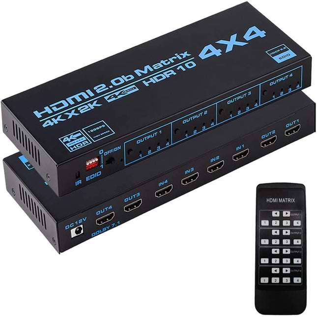 Maatriksi valik, 4 x 4, Matrix 4K, HDMI, 4 sisendit, 4 väljundit, Matrix HDMI 2.0 porti, 4 x 4, toetab 4K @ 60 Hz, 4K Dolby Vision HDR HDCP 2.2, kaugjuhtimispuldi tugi