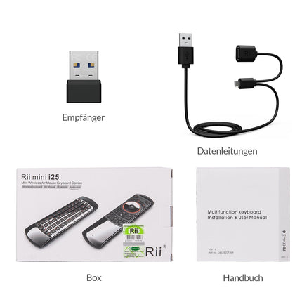 Rii Air Mouse with 6-Axis Gyroscope, Wireless Keyboard and Mouse Set, Rechargeable, Universal Remote Control for HTPC/TV Box, PC Remote Control with IR Learning Function, QWERTZ, 2.4GHz, Black