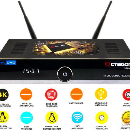 Octagon SF8008 UHD 4K Combo Receiver, Satellite, Cable &amp; DVB-T2 Receiver, E2 Linux &amp; Define OS, DVB-S2X &amp; T2C, with PVR recording function, Gigabit LAN, card reader, Sat to IP, Multistream, H.265, WiFi