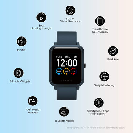 Amazfit Bip S Lite Smartwatch for Men Women 1.28 inch Always-on Color Display Fitness Tracker with 30 Days Battery, 150 Watch Faces, 5 ATM Water Resistant, Heart Rate, Sleep Monitor, Music Control
