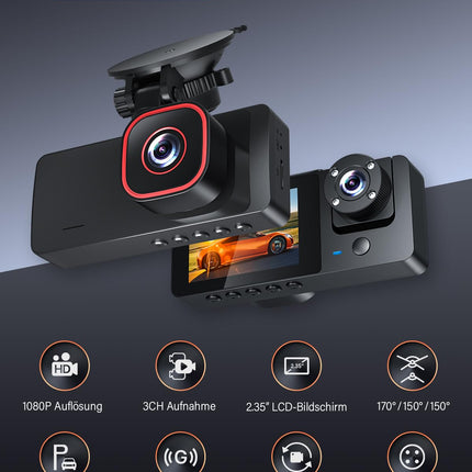 Bestsee 1080P autokaamera esi-, taga- ja sisemusest 64 GB SD-kaardiga, parkimiskaamera, liikumistuvastus, infrapunane öönägemine, G-andur, tsükkelsalvestus, WDR, vaatenurk (170°+150°+150°)