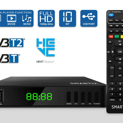 Atlantis SMARTIX DH17 maapealne digitaalne dekooder DVB-T2 HEVC H.265 mpeg2/mpeg4 H.264 meediapleier USB-pordi, HDMI ja SCART kaugjuhtimispuldiga, õppiv, Main 10, must