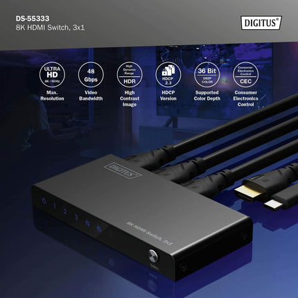 DIGITUS DS-55333 HDMI-lüliti 3x1 – 3 sisendit, 1 väljund – UHD 8K/60 Hz HDTV: 7680 × 4320p – HDCP 2.3 ja HDMI 2.1 – HDR, CEC, Deep Color, DTS, Dolby Digital, LPCM – teleri, monitori, PS5, PS4, Xboxi jaoks