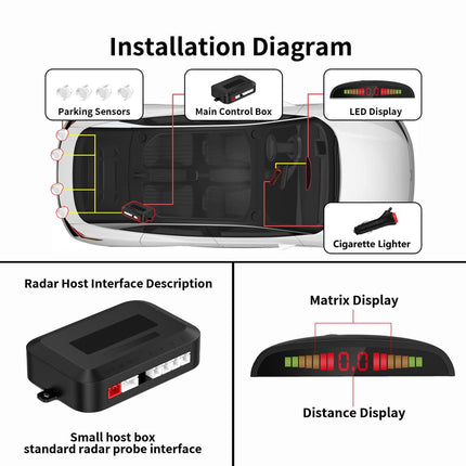 Wireless Parking Aid Kit, Reversing Radar System with 4 PDC Sensors, Wireless LED Distance Display with Acoustic Warning + 4 White Color Rear Parking Aid for Cars Vans RV Trailers