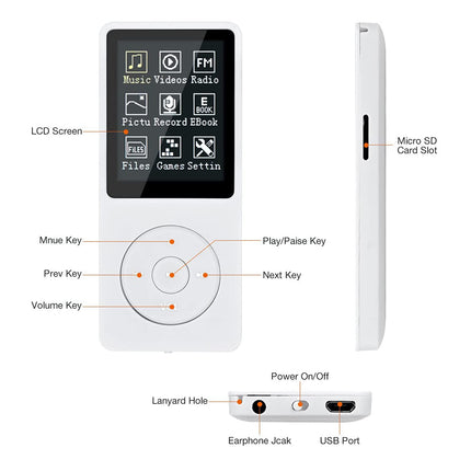 MP3 Player, MP3/MP4 Digital Music Player, Lychee Upgrade 8GB Portable HiFi Sound Music Player with Music/Video/Voice Recording/FM Radio/E-Book Reader, Supports up to 64GB (White)