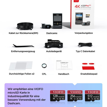 VIOFO A229 Pro 4K + 2K kahekordne STARVIS 2, HDR esi- ja tagakaamera autole, hääljuhtimine ja 5 GHz WiFi autokaamera, ülitäpne GPS CPL-filtriga, Super Night Vision 2.0, häälväljund, kuni 512 GB max