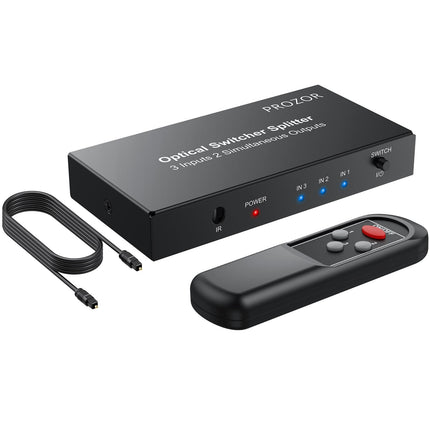 PROZOR digitaalne optiline audio lüliti jaotur, optiline lüliti jaotur, 3 sisendit, 2 väljundit, 1 m fiiberoptilise kaabliga, kaugjuhtimispult LPCM 2.0/DTS/Dolby-AC3