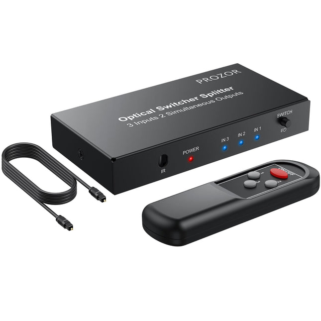 PROZOR digitaalne optiline audio lüliti jaotur, optiline lüliti jaotur, 3 sisendit, 2 väljundit, 1 m fiiberoptilise kaabliga, kaugjuhtimispult LPCM 2.0/DTS/Dolby-AC3