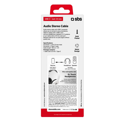 SBS Audio Adapter nutitelefonile, kõrvaklappidele, Hi-Fi stereole, kõlaritele ja kõrvaklappidele, 3,5 mm pistik USB-C pistikule, metallpistik, 1 m kaabel