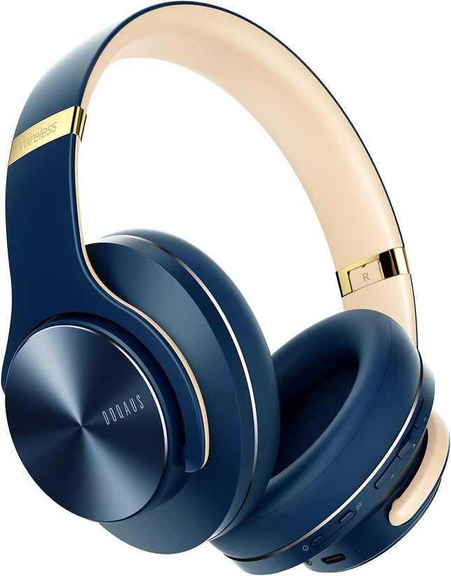 DOQAUS Bluetooth-kõrvaklapid kõrva kohal, kuni 90 tundi juhtmevabad kõrvaklapid 3 ekvalaiseri režiimiga, HiFi stereo kokkupandavad peakomplektid mikrofoniga, pehmed kõrvapadjad reisimiseks/kontorisse/mobiiltelefoni/arvuti/sülearvutite jaoks - tumesinine