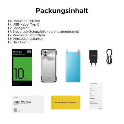 DOOGEE Blade10 Power Outdoor Handy Ohne Vertrag Android 14-10300mAh, 24GB+256GB/TF 2TB Outdoor Smartphone Wasserdicht, 50MP AI Kamera, 6.6 Zoll baustellenhandy, Drei Kartenfächer/ IP68/NFC/GPS/Face ID