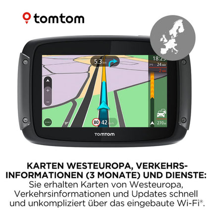 TomTom Rider 50 Motorcycle Sat Nav (4.3-inch, with winding and mountainous routes specifically for motorcycles, updates via Wi-Fi, 3 months of TomTom Traffic and speed camera coverage, 23 Western European countries)
