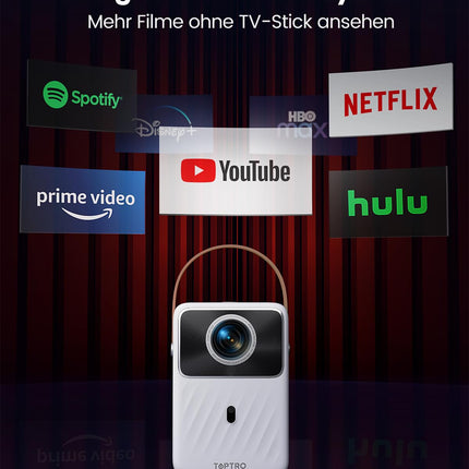 Miniprojektor【Sisseehitatud aku ja Android TV】 Toptro 1080P Full HD projektor kodukino elektrilise teravustamisega, 300 ANSI WiFi Bluetooth projektor õue, 50% suumiga väikeprojektor Netflixi/Prime Video/Dis+-iga