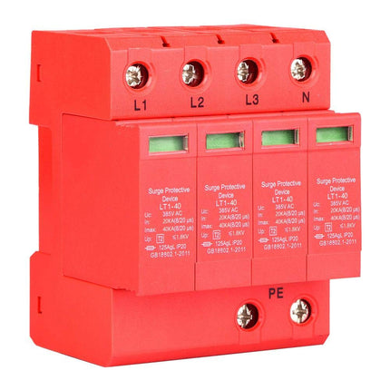 Tugevdatud 4P 40/80KA 385V majapidamispingekaitse, leegiaeglustav ümbris, 20A madalpingepiirik, DIN-rööpale kinnitatav elektrooniline piksekaitse (4P40KA)
