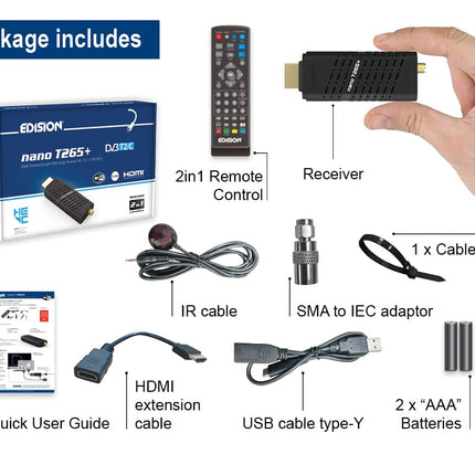 Edision Nano T265+ maapealse DVB-T2 ja kaabel-DVB-C HDMI dongle vastuvõtja, H265 HEVC, FTA, Full HD, PVR, USB, HDMI, IR, USB WiFi tugi, universaalne 2-ühes kaugjuhtimispult, must