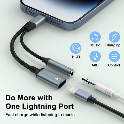 【Apple MFi sertifitseeritud】 2-ühes Lightning - 3,5 mm kõrvaklapipesa adapter iPhone'i ja laadija jaoks, kõrvaklappide muundur, jagaja, tugi muusikale + laadimine + HiFi + mikrofon + juhtimine (helistada ei saa)