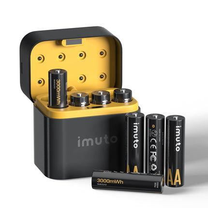 imuto Batteries AA 8 Pack Rechargeable Lithium 1.5V 3000mWh with Black Fast Charging LED Charger ideal for digital cameras, toys, sports and outdoor use
