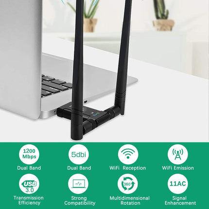 WLAN Stick 1200Mbit/s, WLAN Adapter DualBand 867Mbit/s (5GHz), 433Mbit/s (2.4GHz) traadita adapter 5dBi antenni ja USB 3.0 dokkimisjaamaga lauaarvutile, sülearvutile, Windowsile/Mac OS-ile