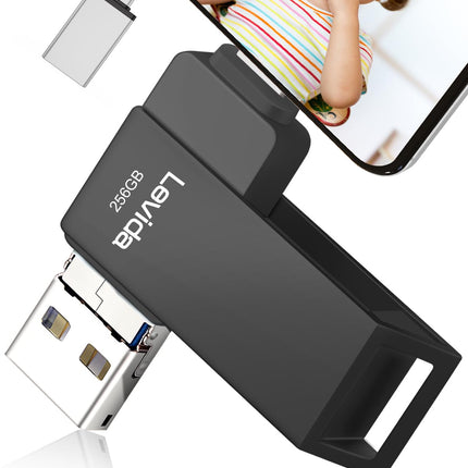 USB-mälupulk 256 GB, Levida mälupulk USB 3.0 Photostick (mobiilne salvestusruum, pööratav disain, automaatne varundamine) iOS-i, telefoni, Android-mobiiltelefoni, tahvelarvuti, sülearvuti JA arvuti, PC jaoks, must