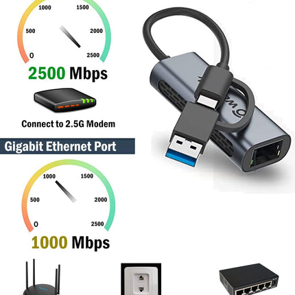 USB 3.0/USB C to 2.5G Ethernet Adapter, WAVLINK USB LAN Adapter with 2500Mbps, Thunderbolt Network Adapter for Mac OS, Windows, Linux, Dell XPS, Surface Pro, etc.