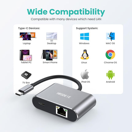 USB C to Ethernet Adapter, 1Gbps Gigabit 60W PD Charging Port, USB-C to RJ45 Ethernet LAN Network Adapter with MacBook Pro/Air, Laptop, Surface, Galaxy, Dell XPS, HP, Android, Windows