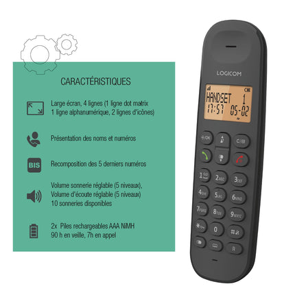 Logicom ILOA 100 Cordless Landline Phone without Answering Machine – Solo – Analog and DECT Phones – Black