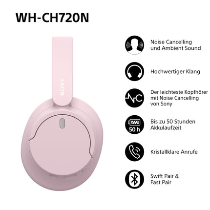 Sony WH-CH720N juhtmevabad Bluetooth-mürasummutavad kõrvaklapid kõrge helikvaliteediga, ümbritseva heli režiimiga, kerge disainiga, kuni 50-tunnise akueaga, iOS ja Android - roosa
