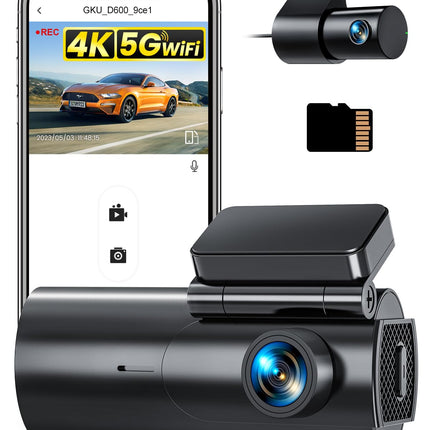 GKU autokaamera ees/taga 4K+1080P, 5 GHz WiFi autokaamera 64 GB SD-kaardiga, parkimismonitoriga, öönägemisega, WDR-iga, 170° lainurk, G-andur, tsükkelsalvestus, rakenduse juhtimine, max 256 GB