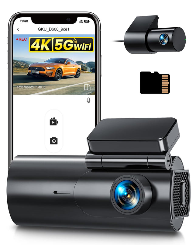 GKU autokaamera ees/taga 4K+1080P, 5 GHz WiFi autokaamera 64 GB SD-kaardiga, parkimismonitoriga, öönägemisega, WDR-iga, 170° lainurk, G-andur, tsükkelsalvestus, rakenduse juhtimine, max 256 GB