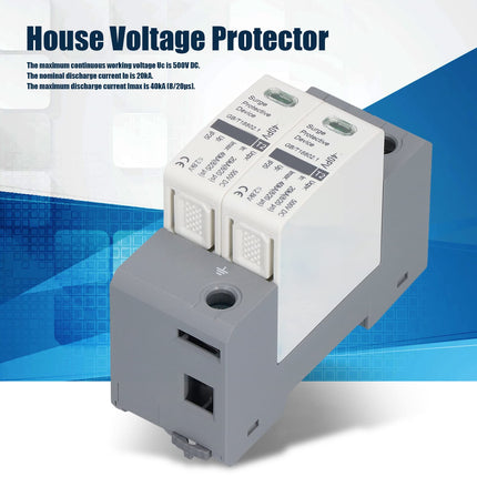 PV Surge Protector DIN Rail DC 500V 20-40KA 2P Lightning Protection Voltage Protection Arrester Protection T2 Surge Arrester for Photovoltaic Solar and Power Supply