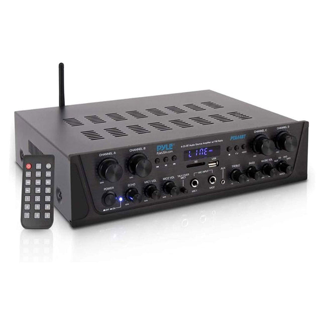 Pyle PTA44BT karaoke Bluetooth võimendi, juhtmevaba, 4-kanaliga stereoheli kodukino kõlar, helivõimendi vastuvõtja AUX-sisendiga, FM, RCA subwoofer, kõlar, väljund, USB, mikrofoni sisend