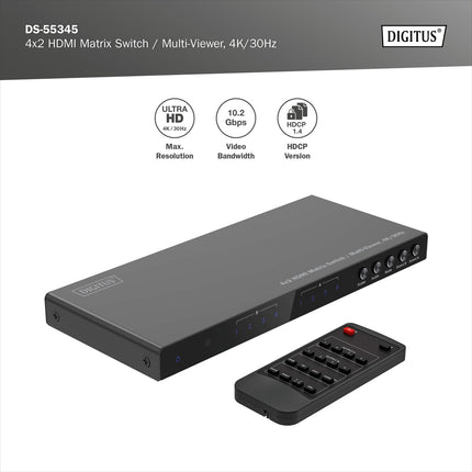 DIGITUS DS-55345 HDMI Matrix Switch 4x2 – 4 In 2 Out – UHD 4K/30 Hz HDTV: 3840 x 2160p – HDCP 1.4 &amp; HDMI 1.4b – Multi-Viewer, Split-Screen, Pip – RS232, Audio (Toslink, Stereo 3.5mm)