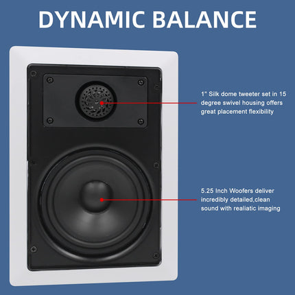 Herdio 5.25-inch Bluetooth In-Wall Speakers, Flush Mount Sound Compatible, Perfect for Indoor and Outdoor Use, Bedroom, Living Room, Home Theater (2 Pairs, Paintable Grille)