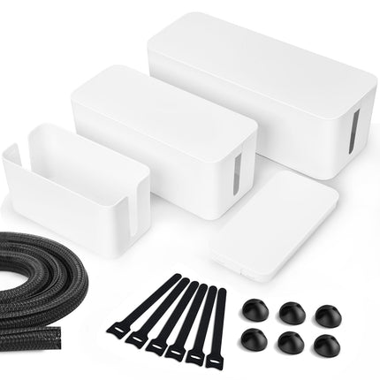 Lannvani kaablikarp, 3 valge kaablikarbi komplekt (suur ja keskmine ja väike) ABS-plastist, kaablihalduskarp, kaablikarbi korraldaja, kaablikarbi komplekt koos kaablihoidja, kaablisidemete ja kaablivoolikuga kaablite peitmiseks