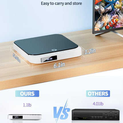 Desobry Mini DVD-mängija HDMI kompaktne DVD-mängija kõikidele piirkondadele Väike murdepunktiga mälu Toetab USB sisseehitatud PAL/NTSC ja kaugjuhtimispulti