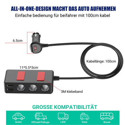 (7 in 1) Cigarette Lighter Splitter Car Adapter 12V: 120W Car Charger 3 Socket 24V Multiple Splitter DC with LED Voltmeter Switch 4 USB Ports 6.8A for all Cell Phones GPS Car Camera etc.