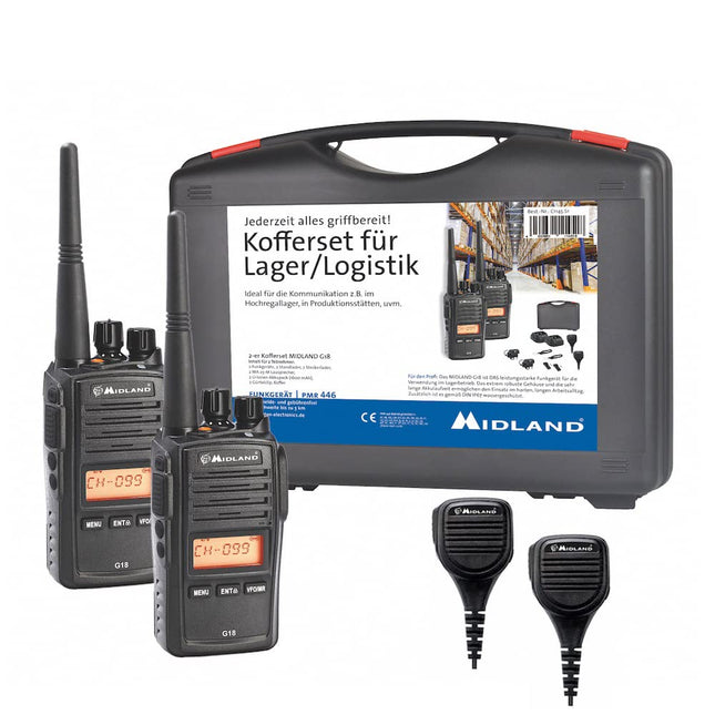 Midland G18 Pro, kahesuunaline raadiosaatja, 99 PMR446 kanalit, sõjaväeklassi raadiosaatja, IP67 sertifitseeritud, liitiumioonaku, laualaadija, vööklamber, must