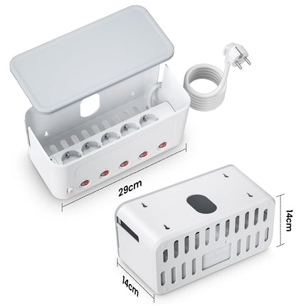 Kaablikarp pikendusjuhega, valge, 5-suunaline mitme pistikupesaga ülepingekaitse, 5 pistikupesa ja 4 USB-d, kaablikorraldaja, pikendusjuhe, eraldi lülitatav lauakorraldaja, kaablihalduskarp