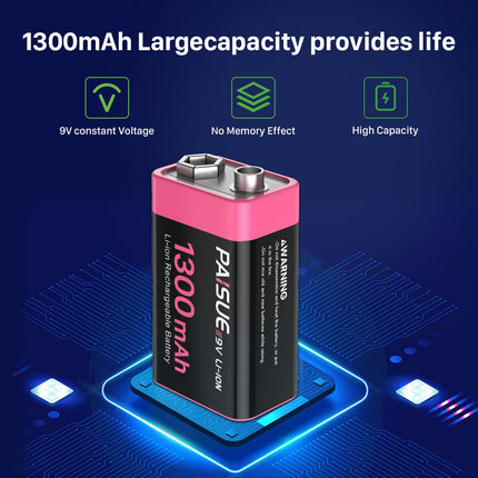 9V Rechargeable Batteries, 1300mAh Long-Lasting Rechargeable Lithium Batteries with USB-C Fast Charging 9V Block Battery for Remote Control, Smoke Detector, Multimeter, Microphone (2 Pack)