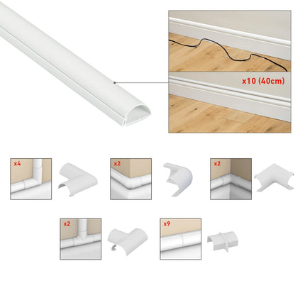 D-Line 3015KIT001 Mini Self-Adhesive Round White Cable Trunking, 30x15 mm, 4 x 1 m Length - 4 Meter Multipack &amp; Mini Cable Trunking for Cable Management - 30x15 mm - 10 x 40 cm Length (4 Meters) - White