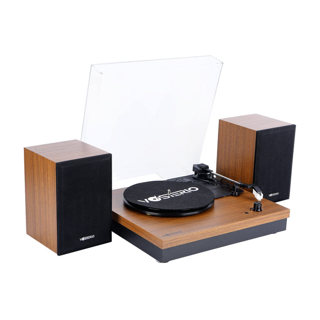 Vinüülplaadimängija VOSTERIO Bluetooth plaadimängija kahe 15W välise kõlariga HiFi stereokõlarid, 3 kiirust 33/45/78 p/min, Bluetooth sisend ja väljund, Aux-sisend, pähklipuu