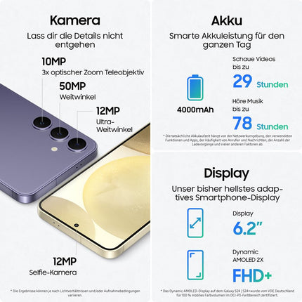 Samsung Galaxy S24 tehisintellektiga nutitelefon, lepinguta Android-telefon, 8 GB muutmälu, 128 GB salvestusruumi, 50 MP kaamera, pikk aku tööiga, oonüksmust, 3-aastane tootjagarantii