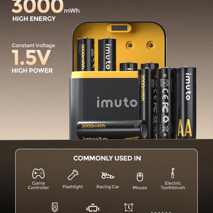 imuto Batteries AA 8 Pack Rechargeable Lithium 1.5V 3000mWh with Black Fast Charging LED Charger ideal for digital cameras, toys, sports and outdoor use